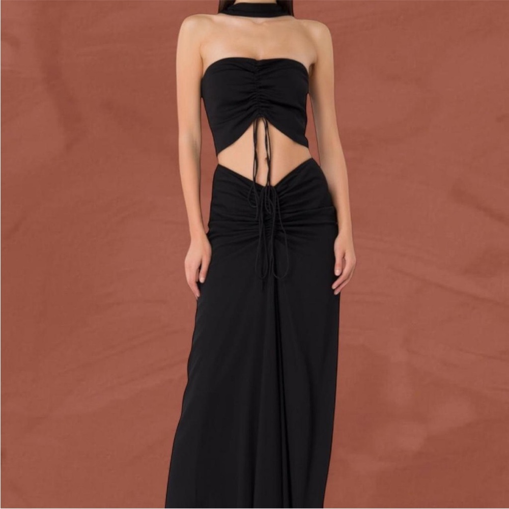 CHRISTOPHER ESBER REVERSED HALTER DISCONNECT RUCHED DRESS
